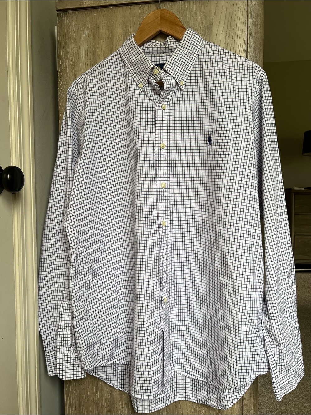 Ralph Lauren White Button-Down Shirt with Navy Windowpane Check